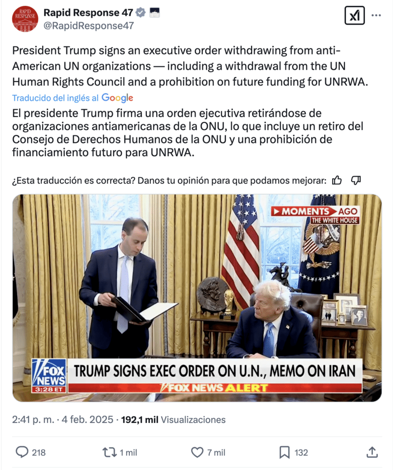 Trump firma decreto para abandonar la UNRWA